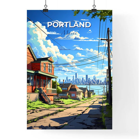 Portland, Maine, A Poster of a street with houses and power lines and a city in the background Default Title
