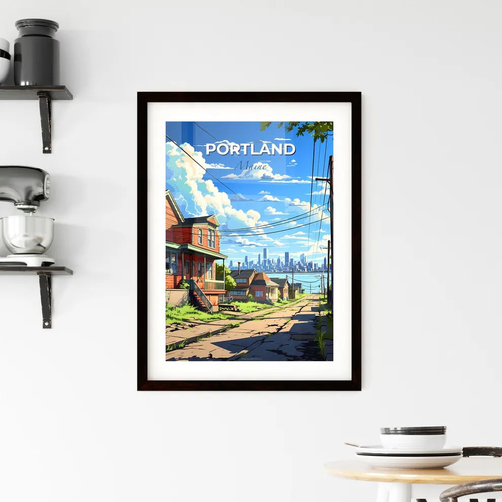 Portland, Maine, A Poster of a street with houses and power lines and a city in the background Default Title