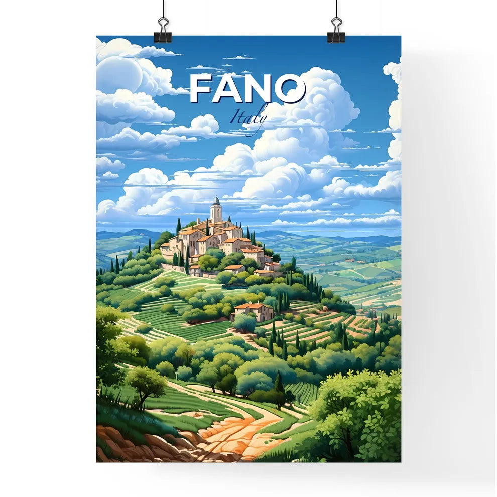 Fano, Italy, A Poster of a landscape of a hill with a building and trees Default Title