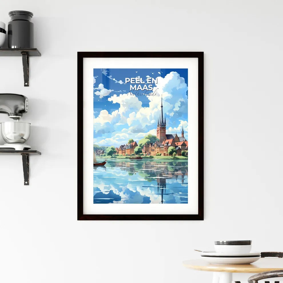 Peel En Maas, Netherlands, A Poster of a water view of a town with a boat and a building Default Title