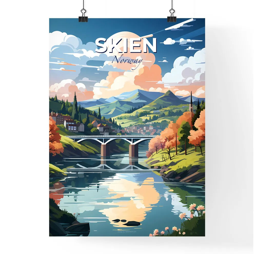 Skien, Norway, A Poster of a bridge over a river with trees and mountains Default Title
