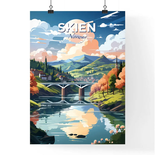 Skien, Norway, A Poster of a bridge over a river with trees and mountains Default Title