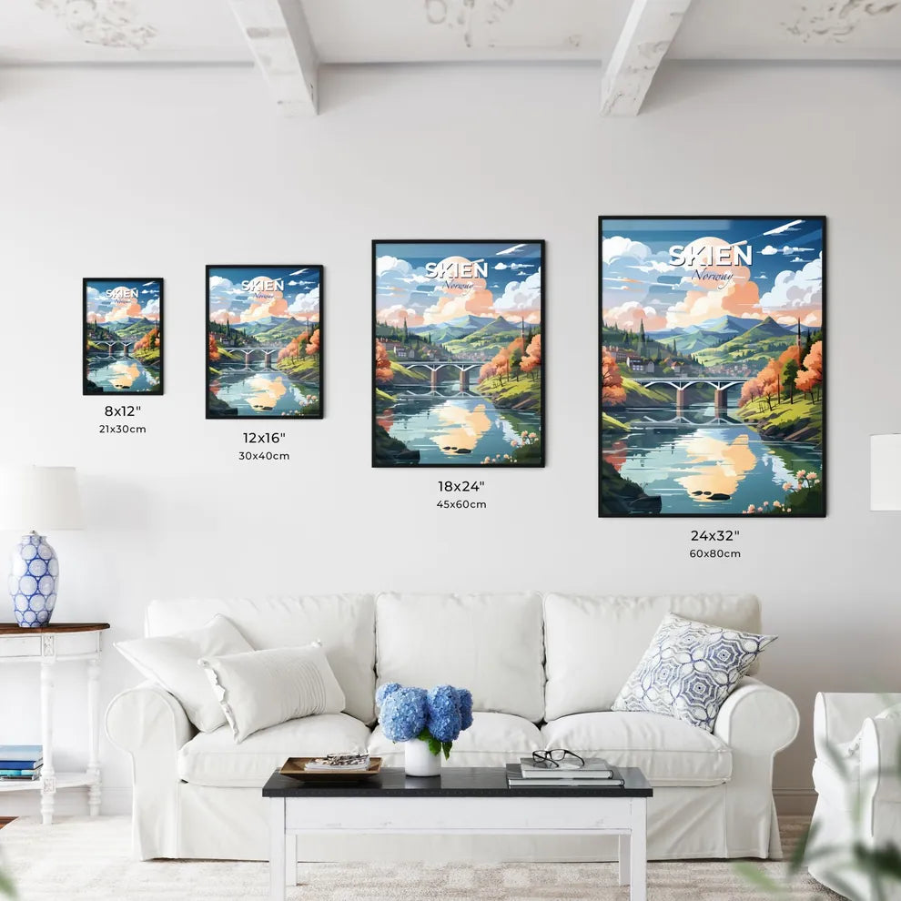 Skien, Norway, A Poster of a bridge over a river with trees and mountains Default Title
