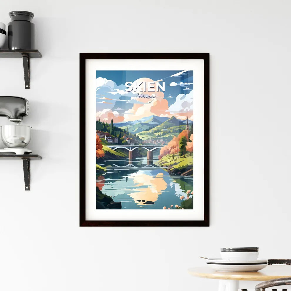 Skien, Norway, A Poster of a bridge over a river with trees and mountains Default Title