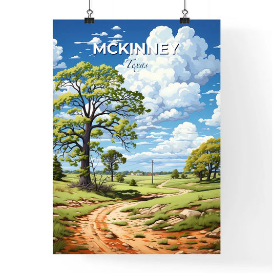 Mckinney, Texas, A Poster of a dirt road through a grassy field with trees and a blue sky with clouds Default Title