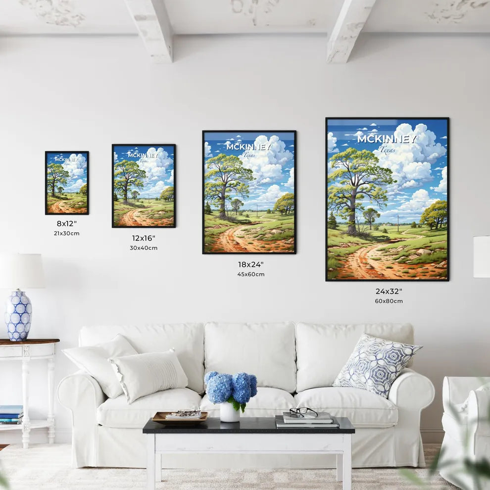 Mckinney, Texas, A Poster of a dirt road through a grassy field with trees and a blue sky with clouds Default Title