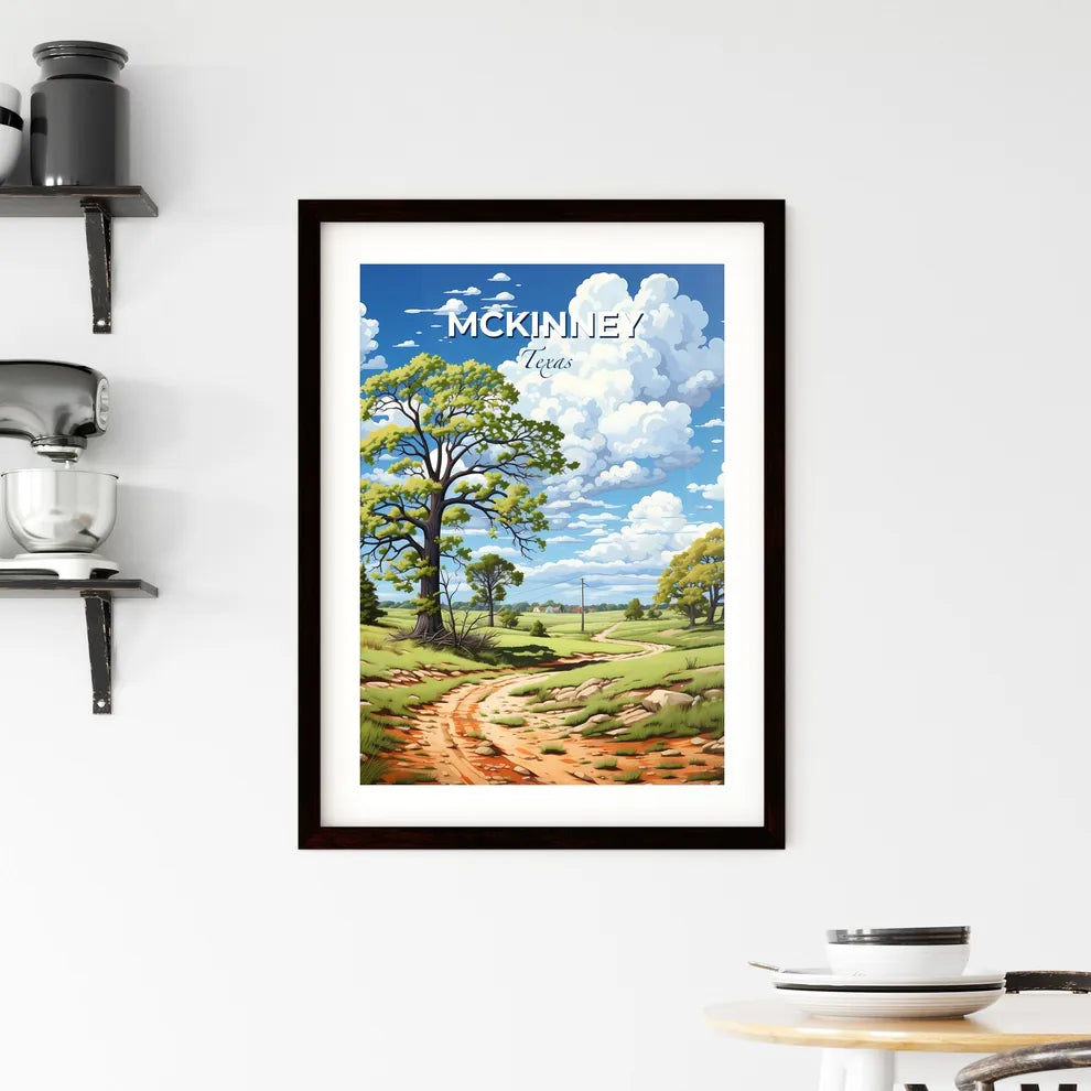 Mckinney, Texas, A Poster of a dirt road through a grassy field with trees and a blue sky with clouds Default Title