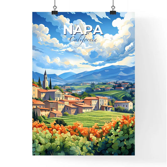 Napa, California, A Poster of a landscape of a village with orange flowers and mountains Default Title