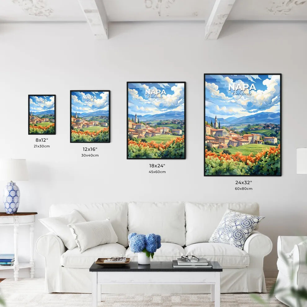 Napa, California, A Poster of a landscape of a village with orange flowers and mountains Default Title