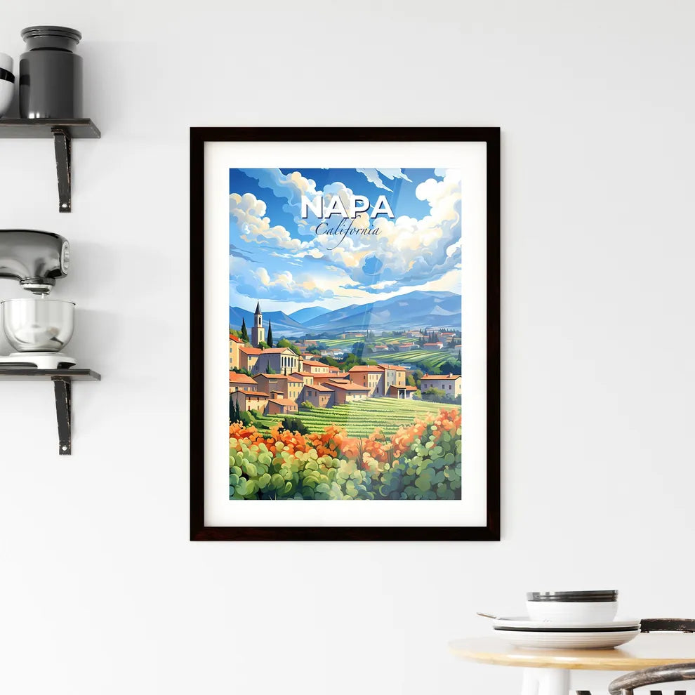 Napa, California, A Poster of a landscape of a village with orange flowers and mountains Default Title