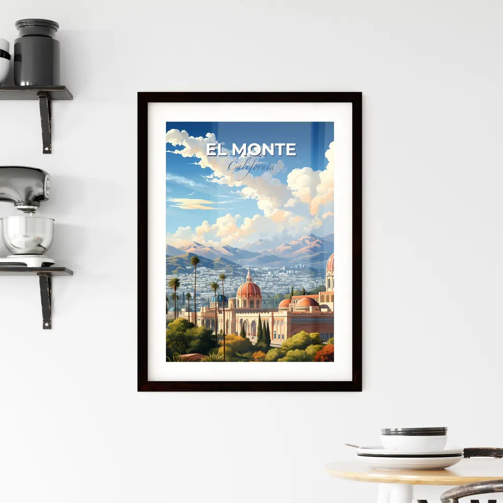 El Monte, California, A Poster of a building with domes and trees in front of mountains Default Title