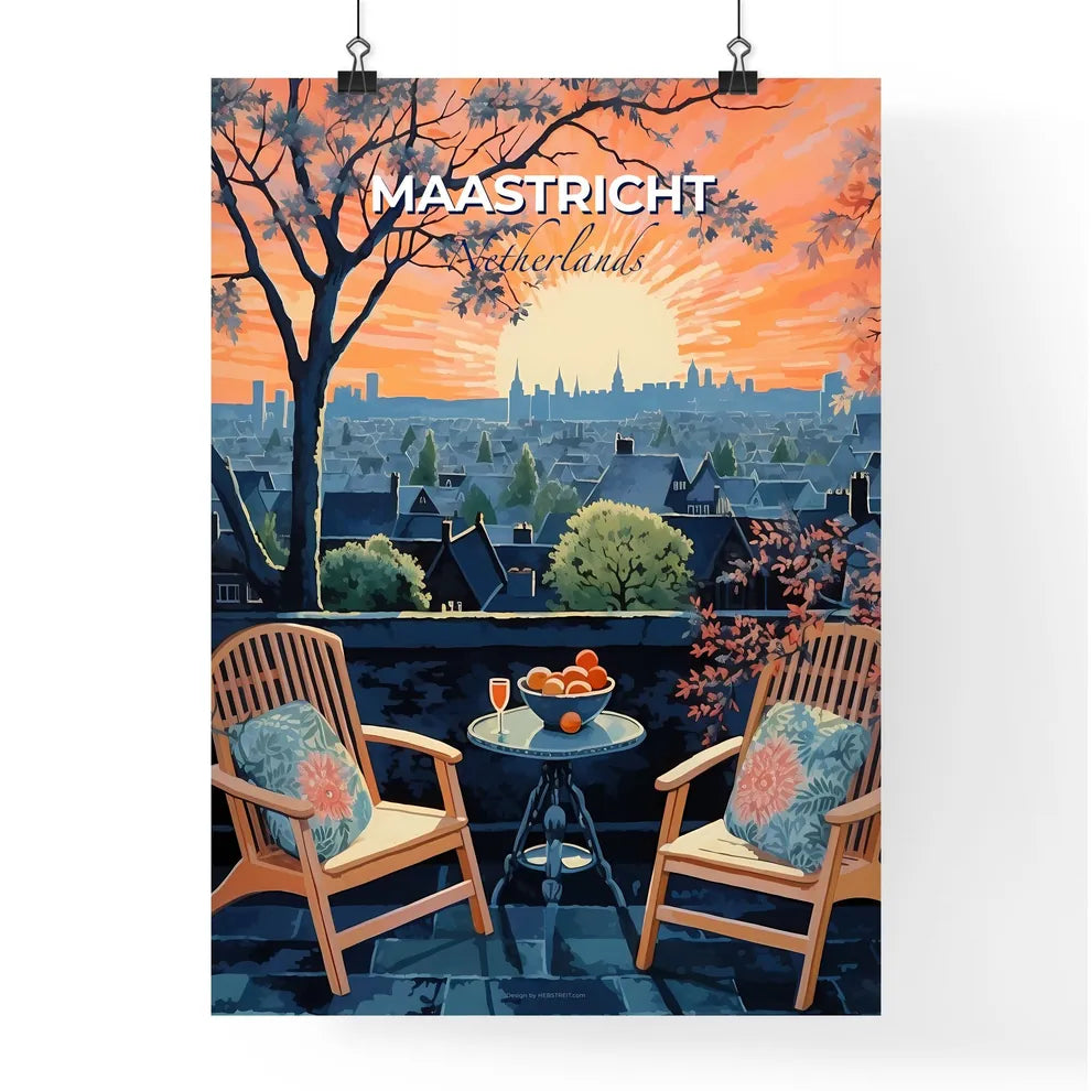 Maastricht, Netherlands, A Poster of a table and chairs on a balcony with a view of a city Default Title