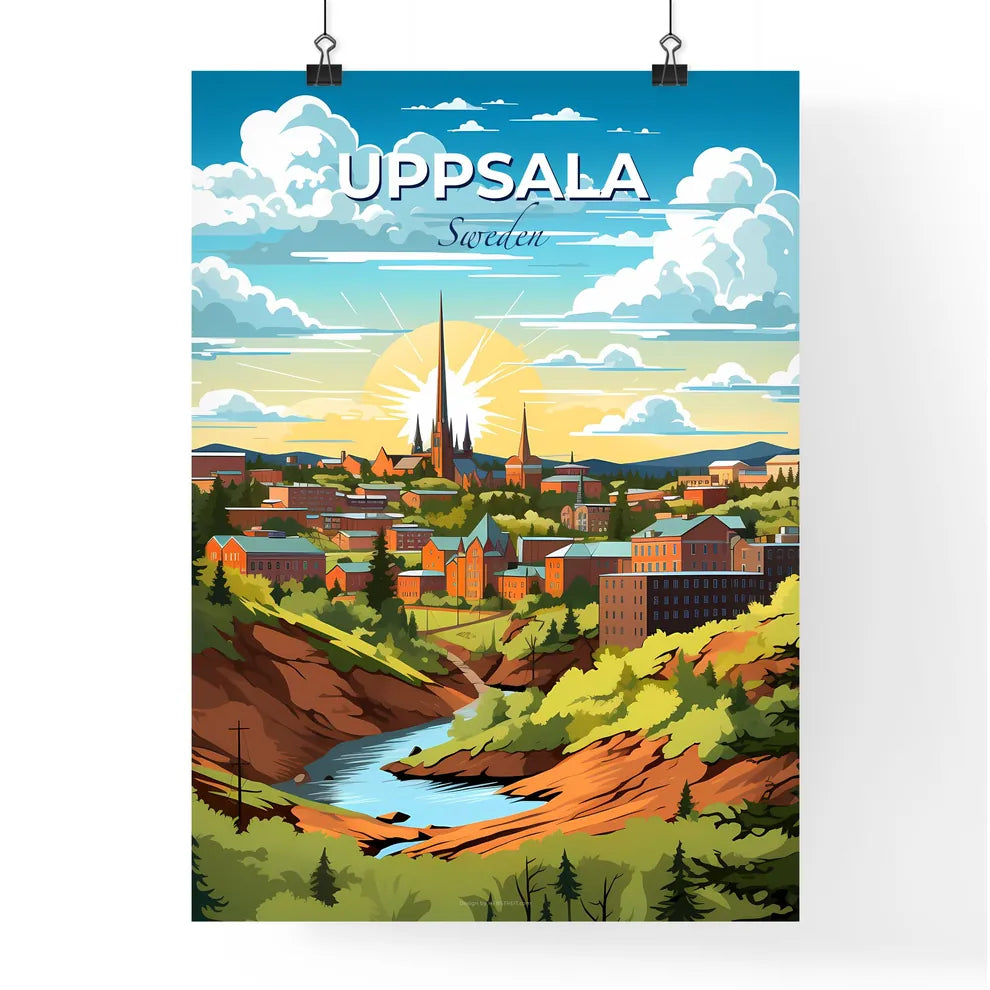 Uppsala, Sweden, A Poster of a landscape of a town with trees and a river Default Title