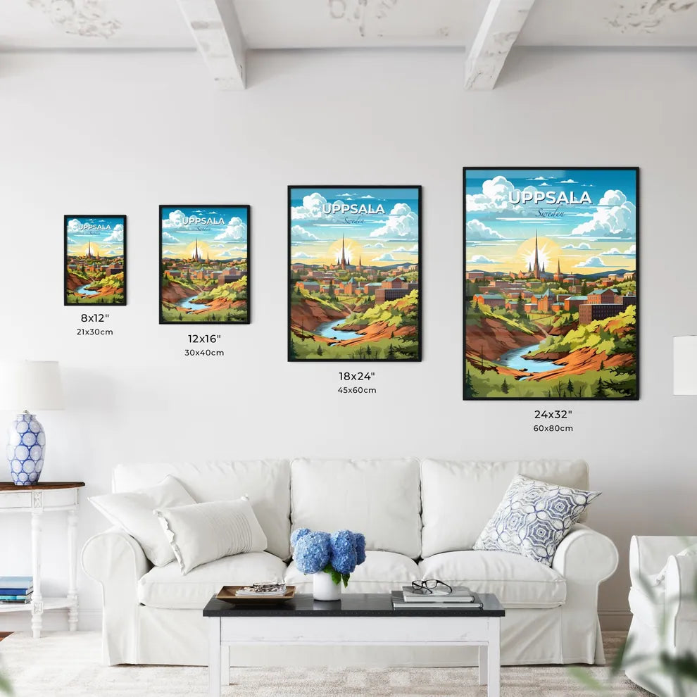 Uppsala, Sweden, A Poster of a landscape of a town with trees and a river Default Title