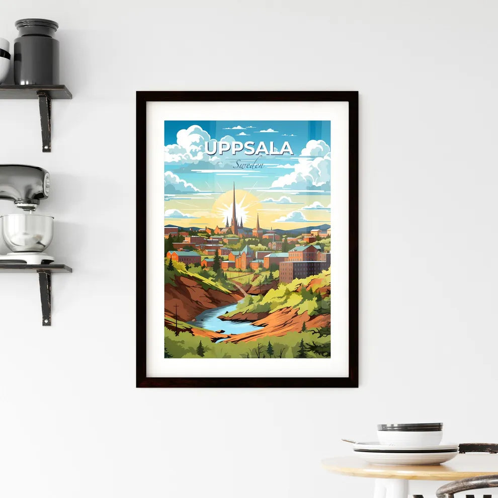 Uppsala, Sweden, A Poster of a landscape of a town with trees and a river Default Title