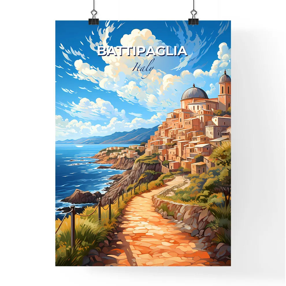 Battipaglia, Italy, A Poster of a road leading to a town on a hill by the ocean Default Title