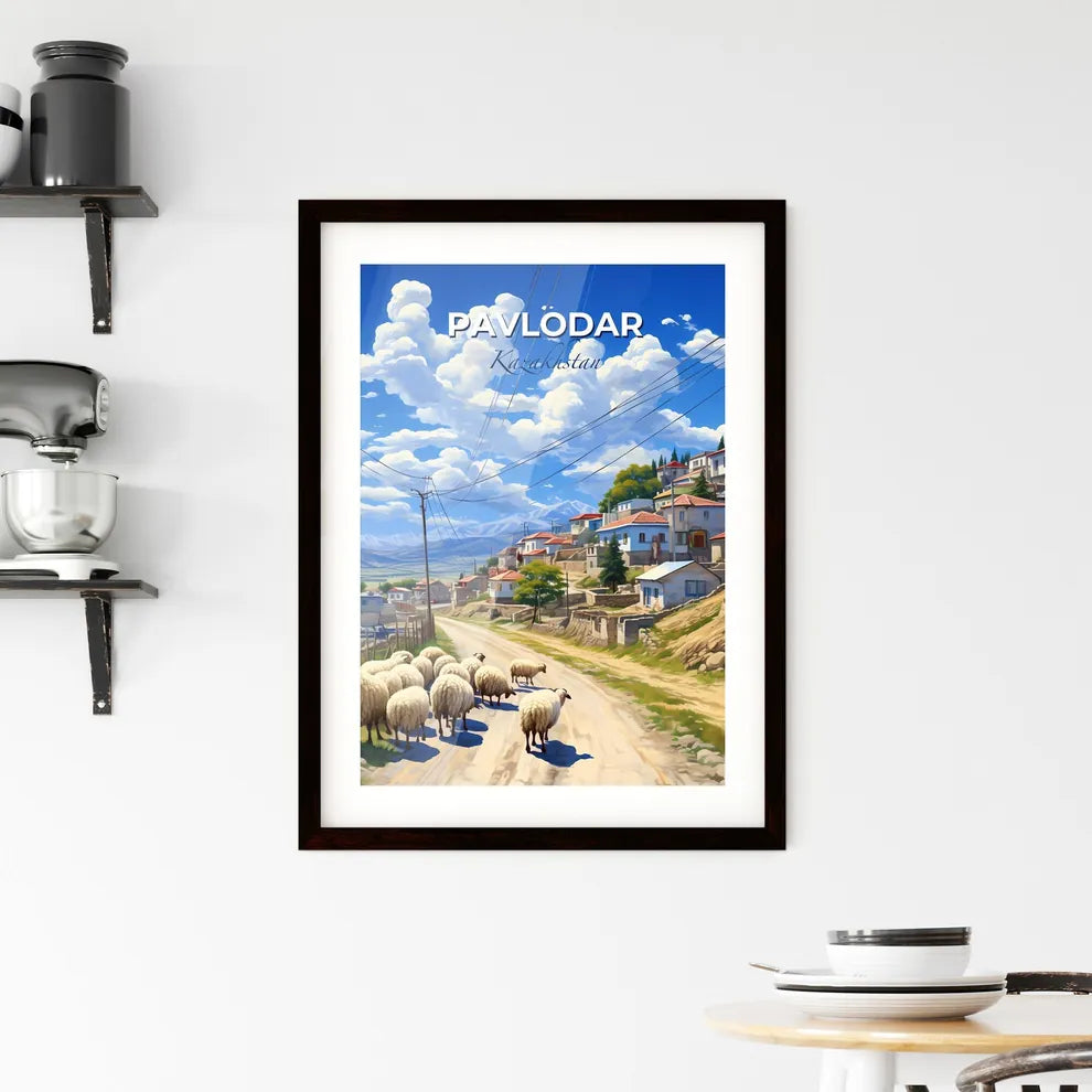 Pavlodar, Kazakhstan, A Poster of a group of sheep walking on a road next to a village Default Title