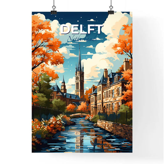 Delft, Netherlands, A Poster of a painting of a river with a bridge and a church in the background Default Title