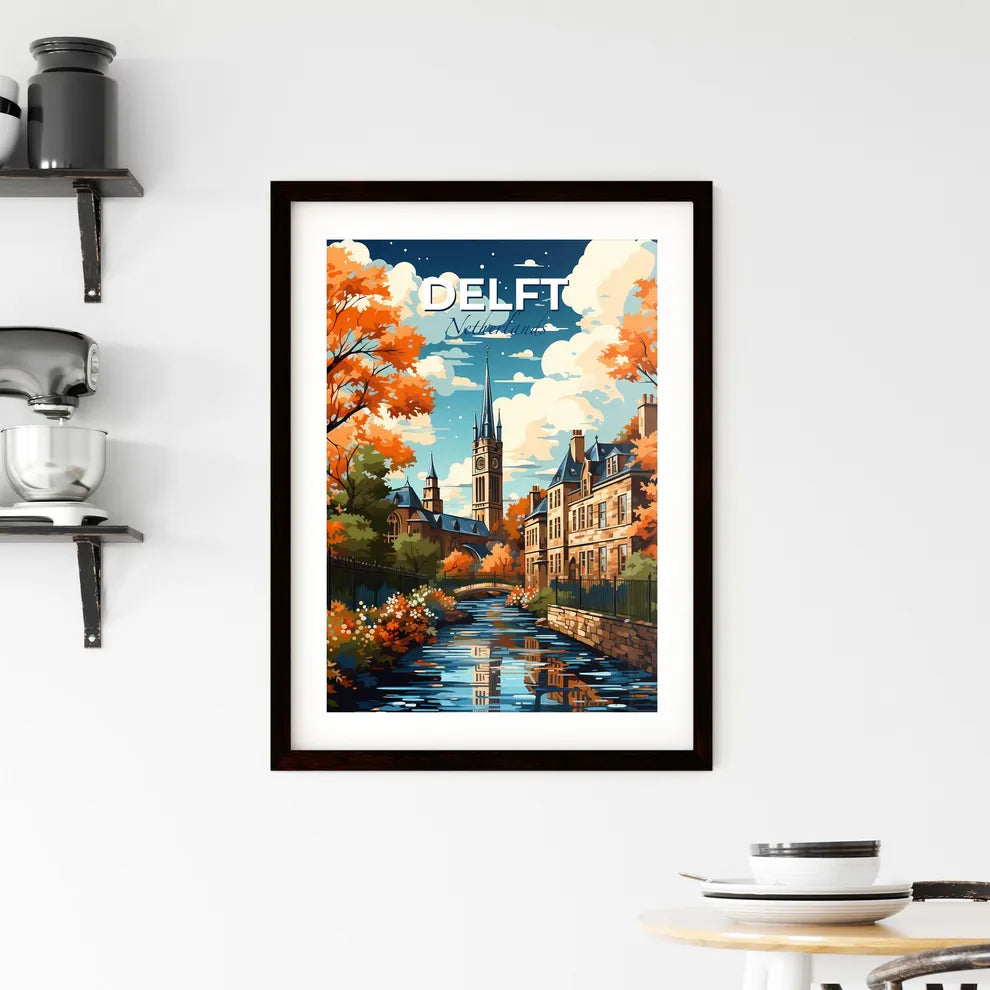 Delft, Netherlands, A Poster of a painting of a river with a bridge and a church in the background Default Title