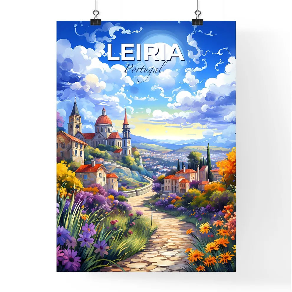 Leiria, Portugal, A Poster of a painting of a town with a road and flowers Default Title