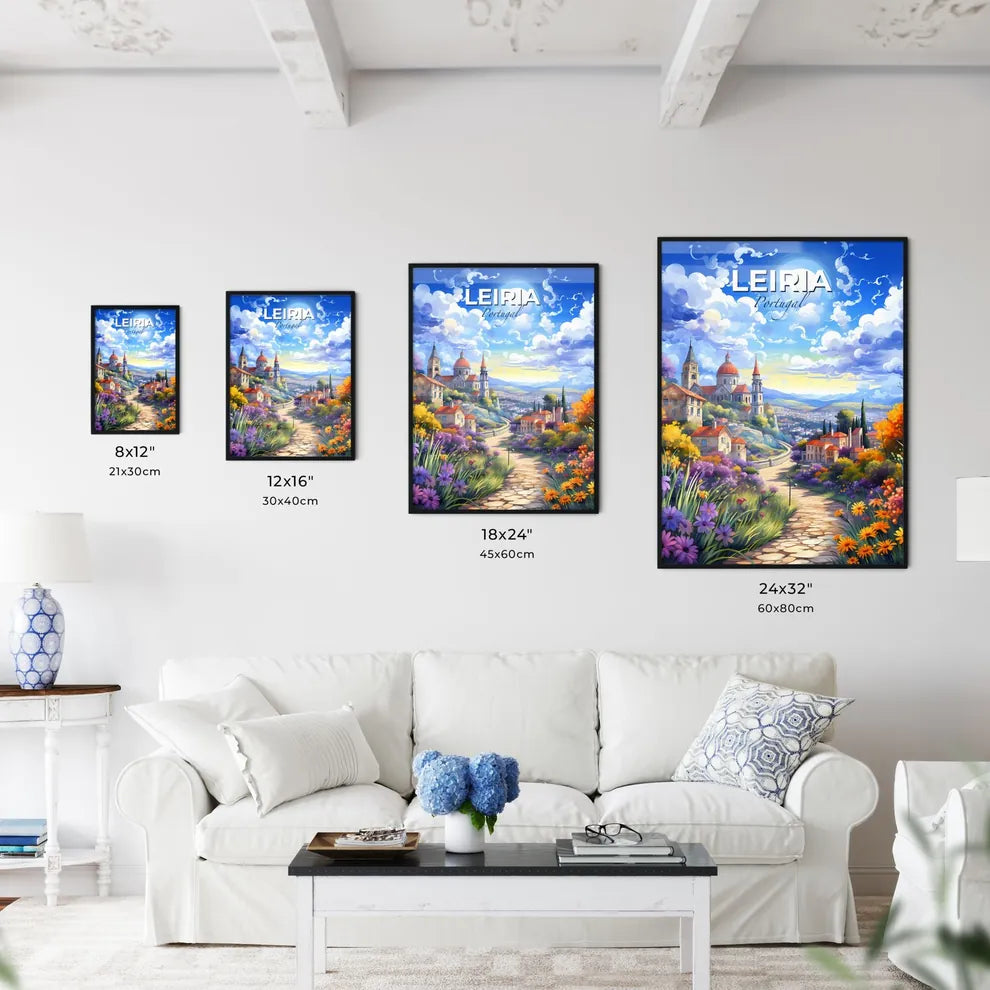 Leiria, Portugal, A Poster of a painting of a town with a road and flowers Default Title