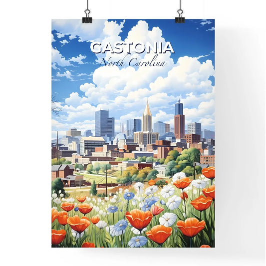 Gastonia, North Carolina, A Poster of a field of flowers with a city in the background Default Title