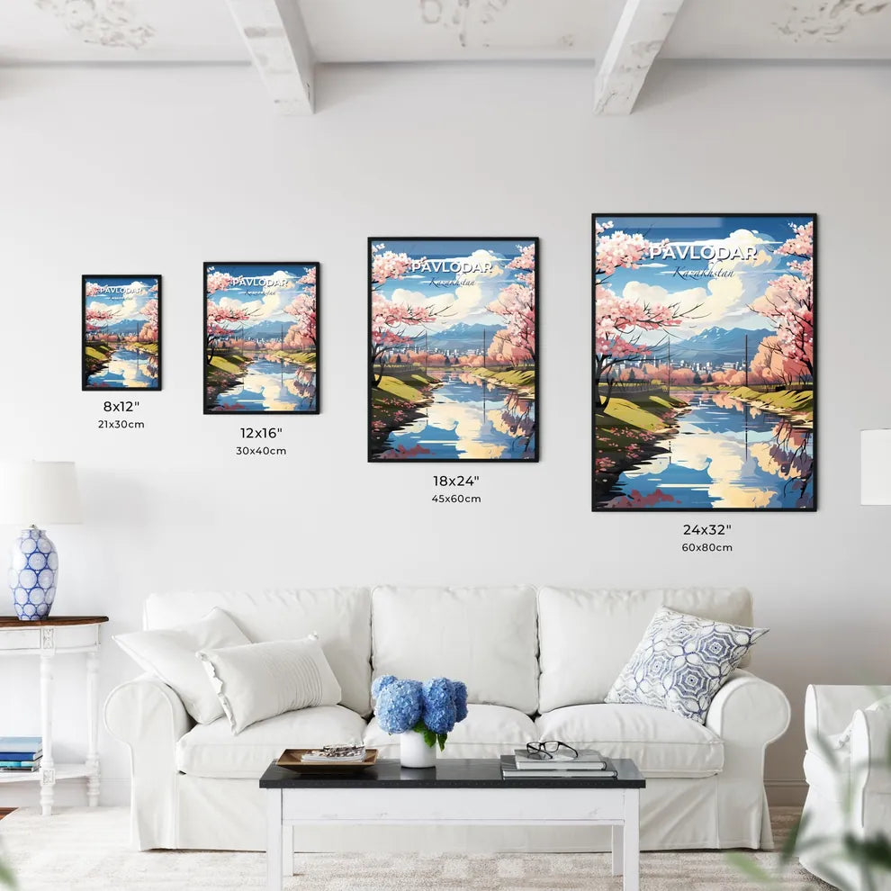 Pavlodar, Kazakhstan, A Poster of a river with pink flowers and trees Default Title