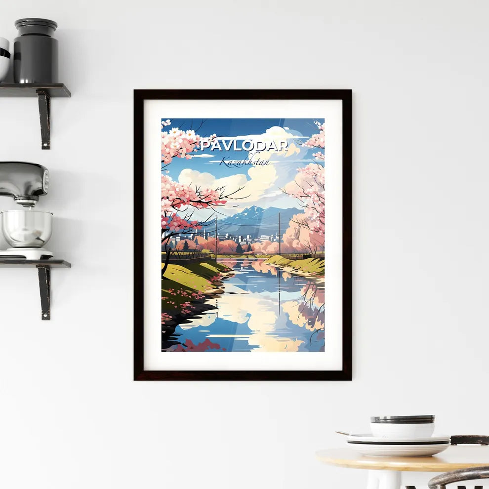 Pavlodar, Kazakhstan, A Poster of a river with pink flowers and trees Default Title