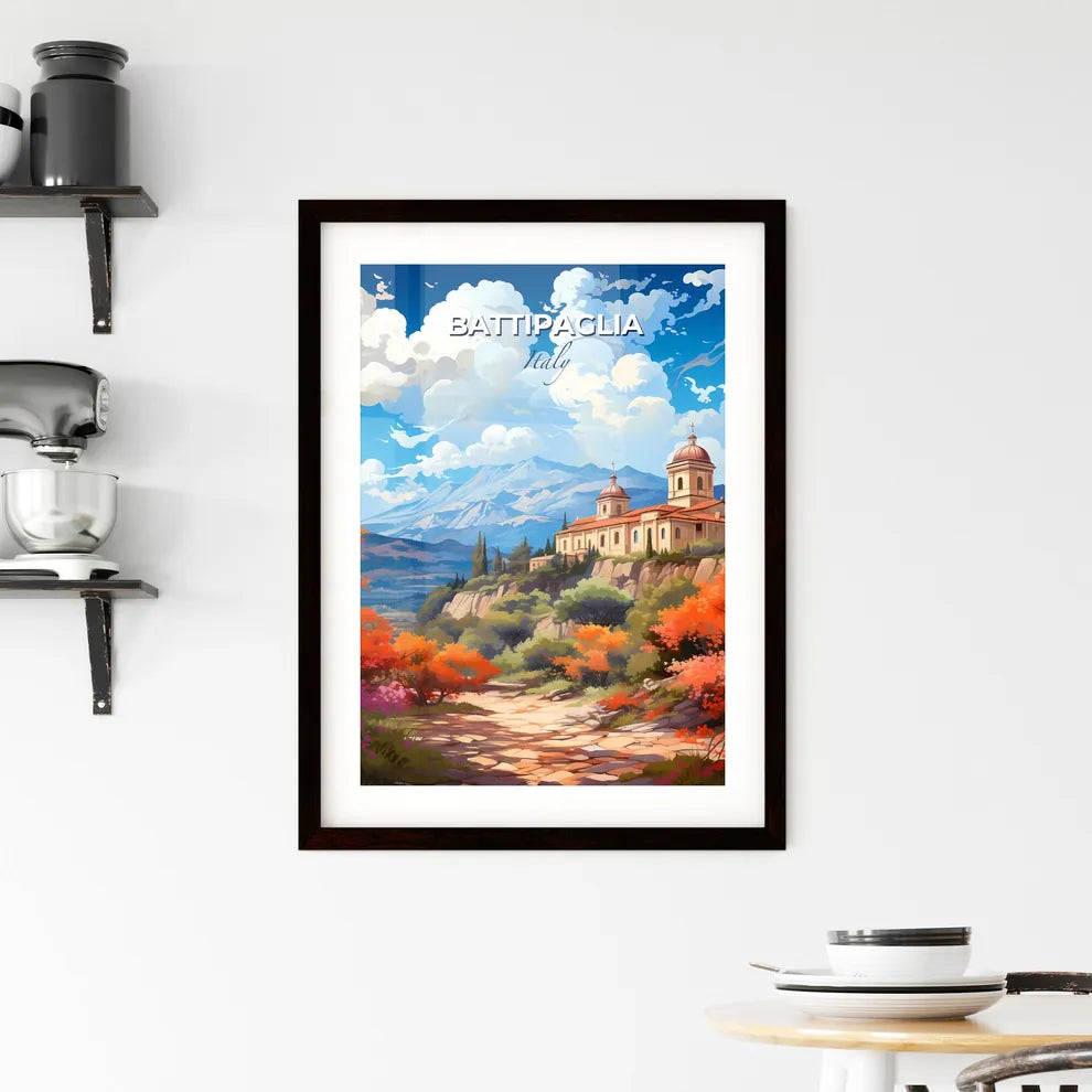Battipaglia, Italy, A Poster of a building on a hill with trees and mountains in the background Default Title
