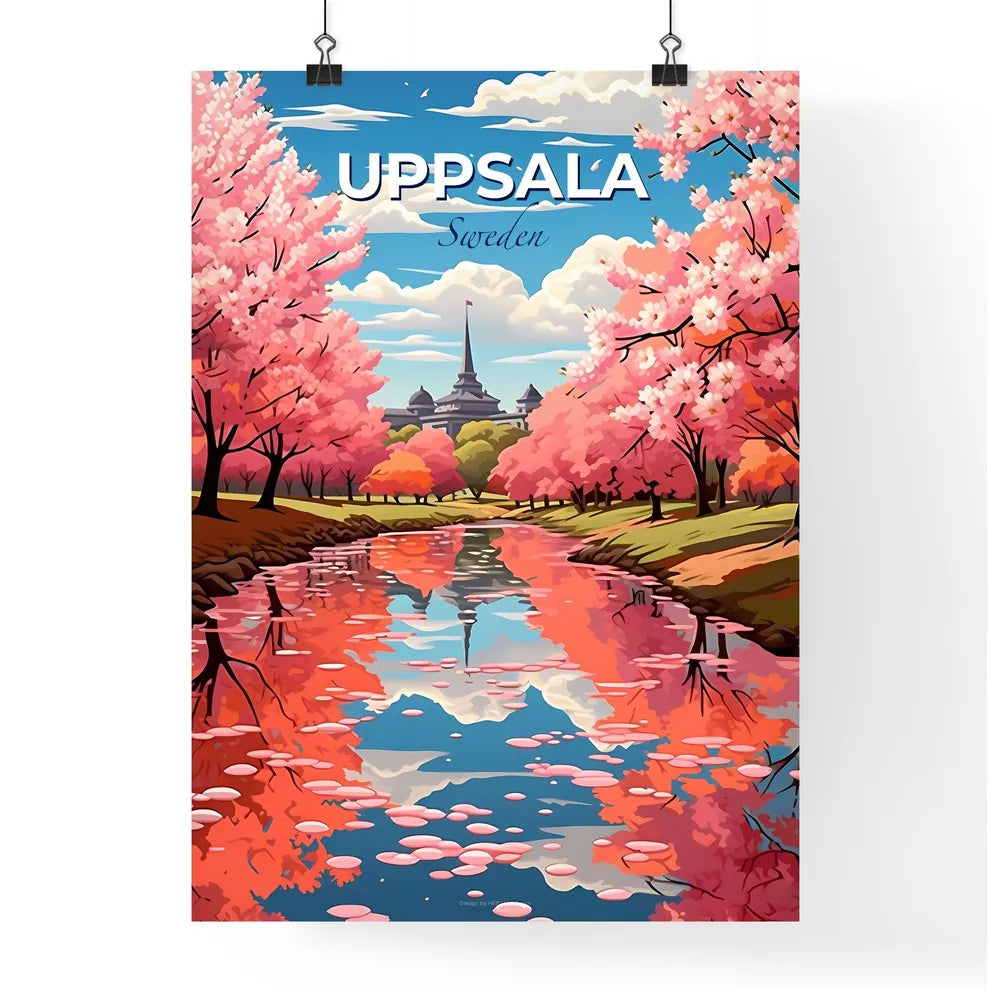 Uppsala, Sweden, A Poster of a river with pink trees and a building in the background Default Title