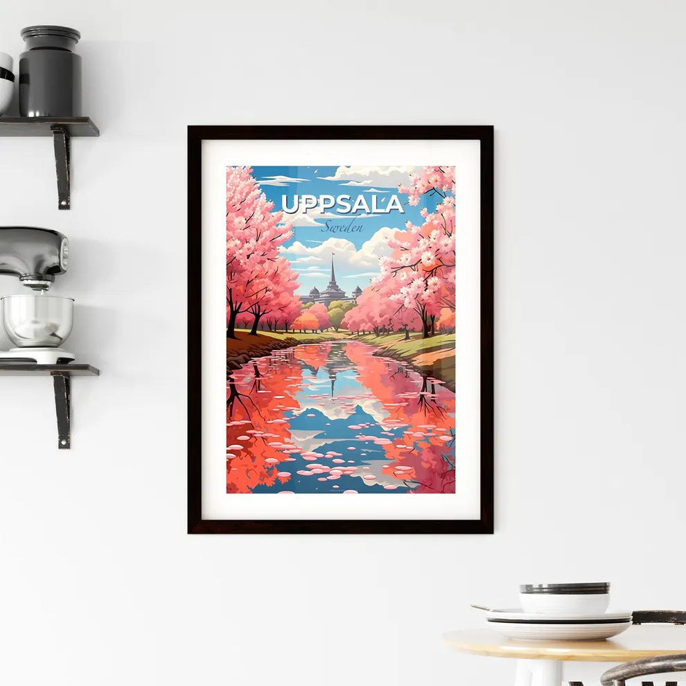 Uppsala, Sweden, A Poster of a river with pink trees and a building in the background Default Title