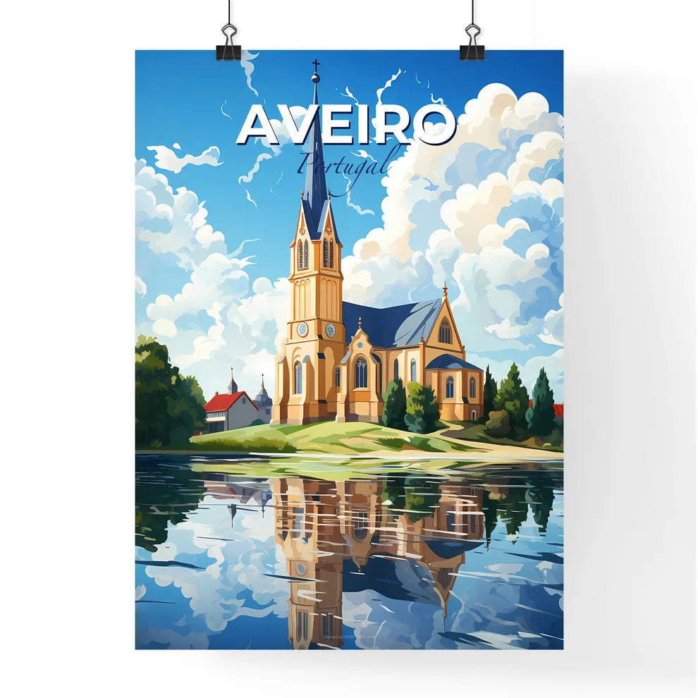 Aveiro, Portugal, A Poster of a church on a hill with trees and a lake Default Title