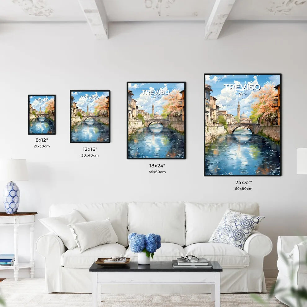 Treviso, Italy, A Poster of a river with a bridge and a building in the background Default Title