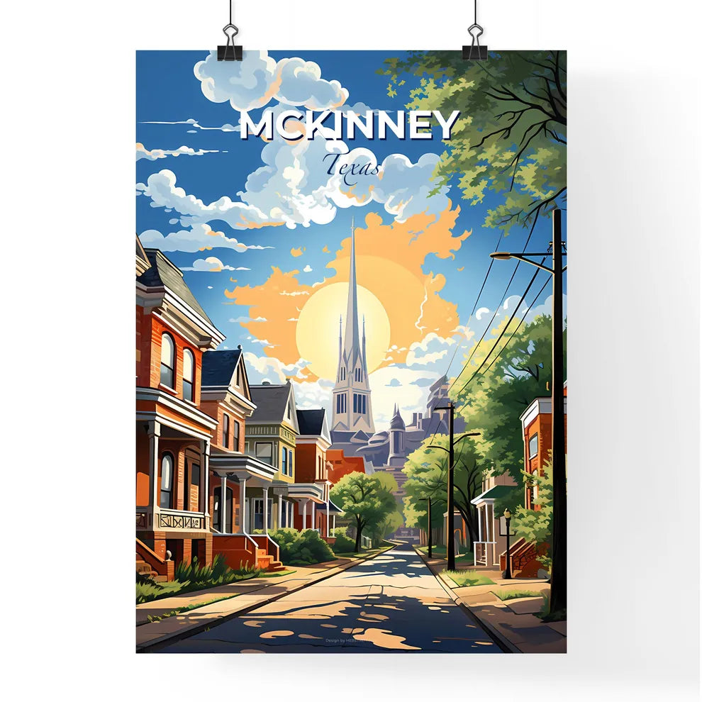 Mckinney, Texas, A Poster of a street with houses and trees and a tall spire in the background Default Title