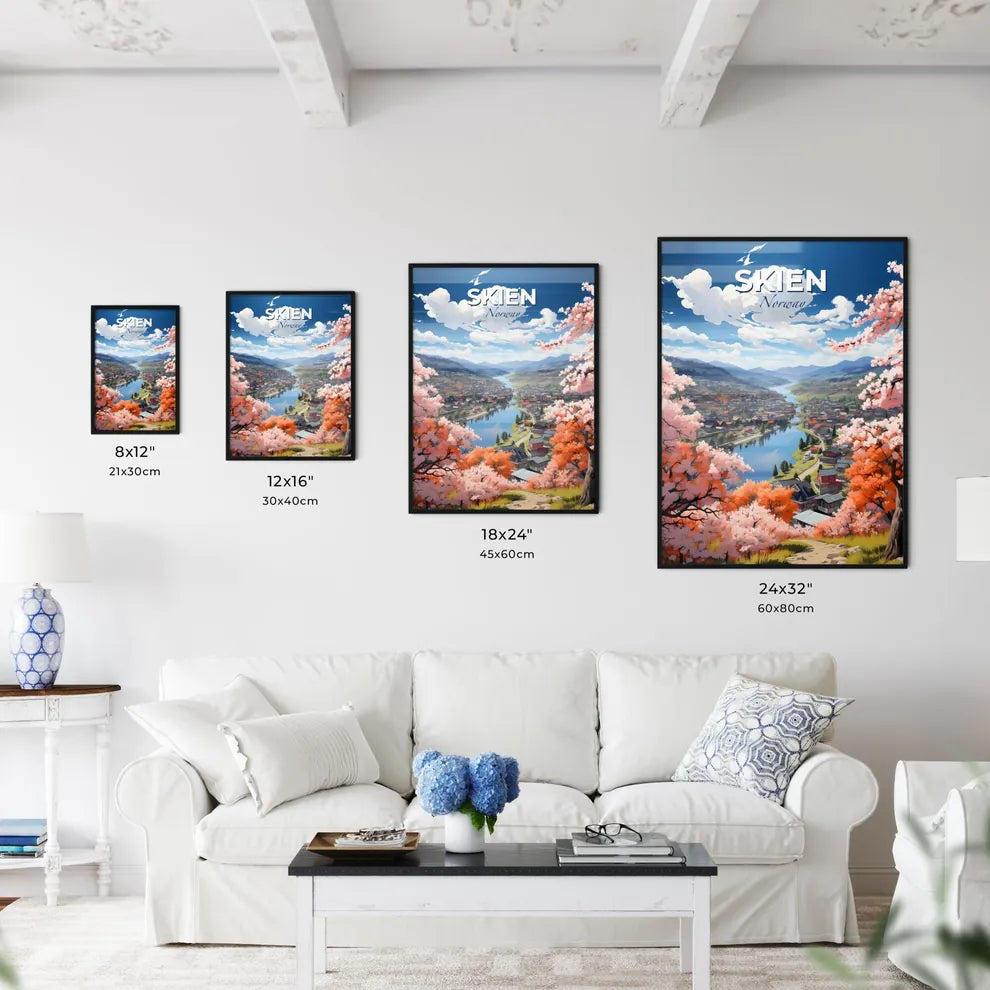Skien, Norway, A Poster of a landscape with a river and trees and houses Default Title