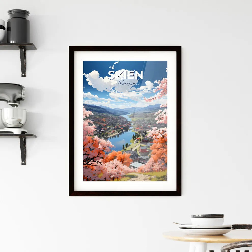 Skien, Norway, A Poster of a landscape with a river and trees and houses Default Title