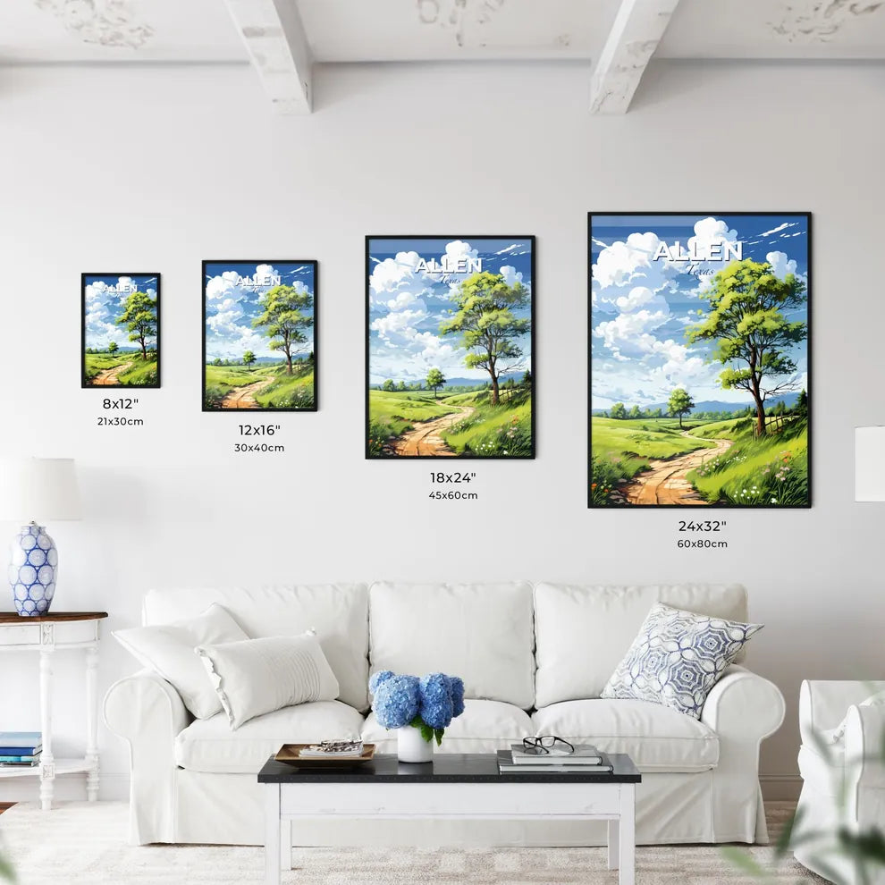 Allen, Texas, A Poster of a dirt road through a grassy field with trees and a blue sky with clouds Default Title