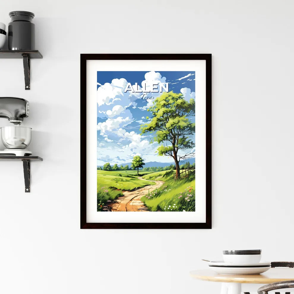 Allen, Texas, A Poster of a dirt road through a grassy field with trees and a blue sky with clouds Default Title