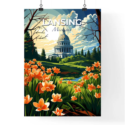 Lansing, Michigan, A Poster of a painting of a building with orange flowers Default Title