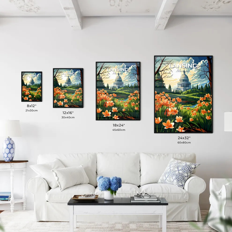 Lansing, Michigan, A Poster of a painting of a building with orange flowers Default Title