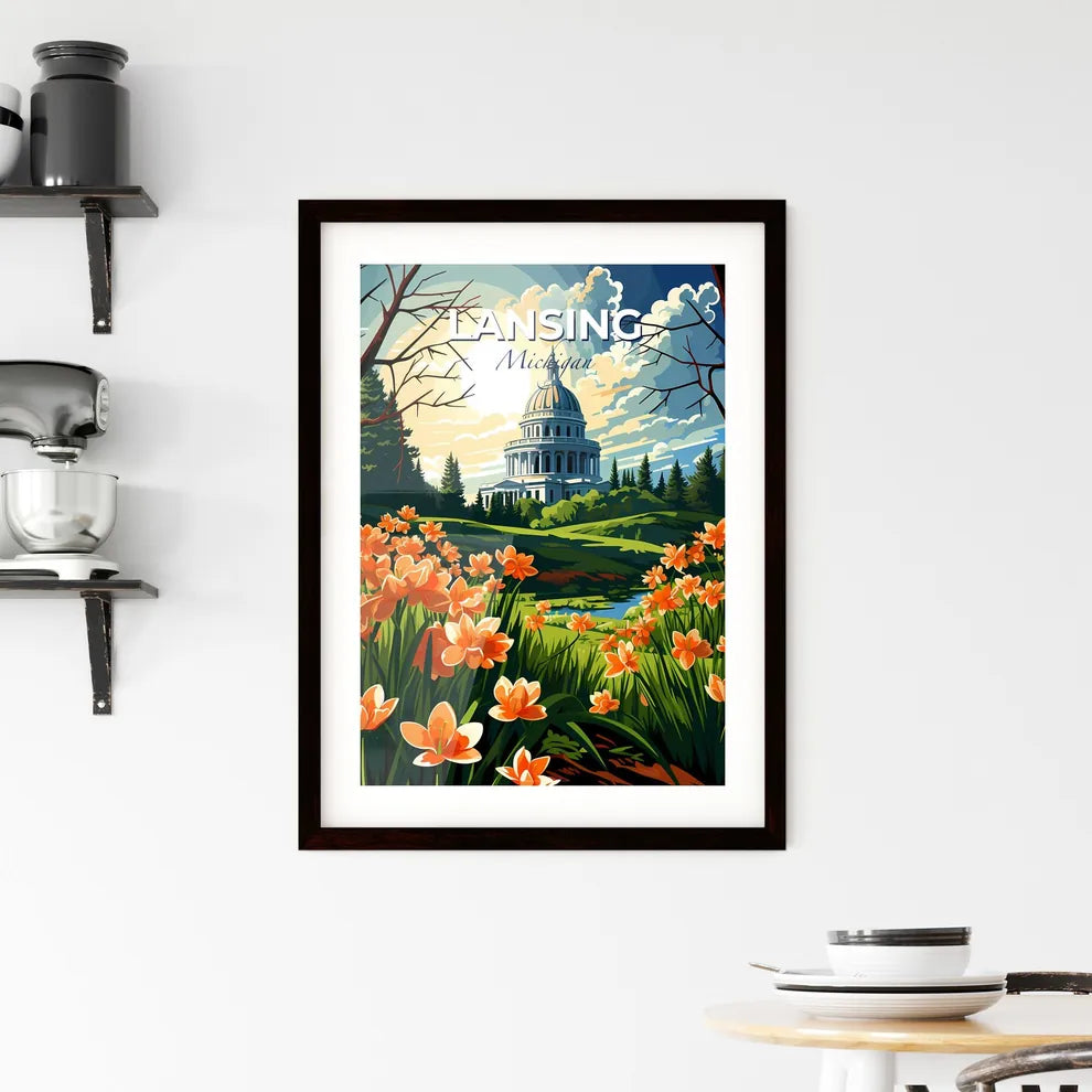 Lansing, Michigan, A Poster of a painting of a building with orange flowers Default Title