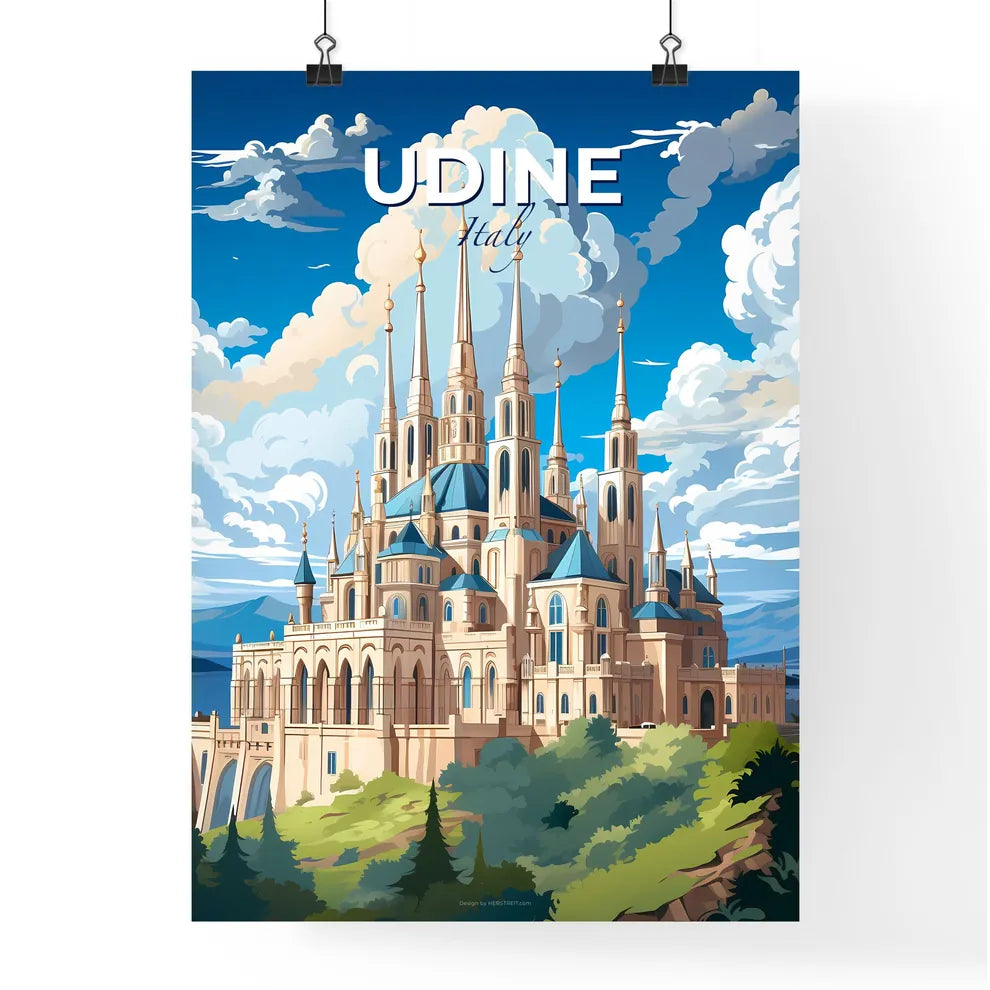 Udine, Italy, A Poster of a castle with many towers and a blue roof with Sagrada Família in the background Default Title