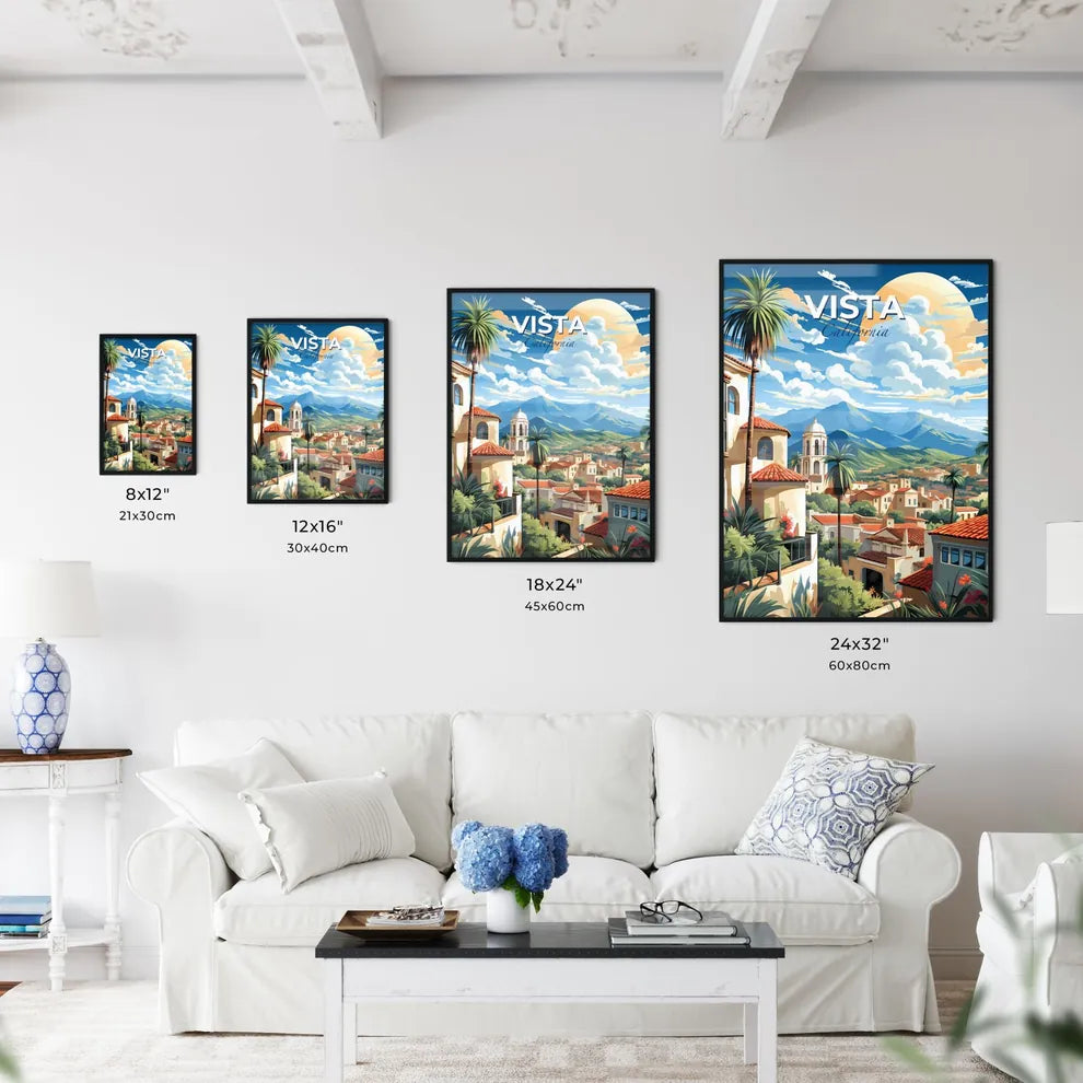 Vista, California, A Poster of a painting of a town with mountains and trees Default Title