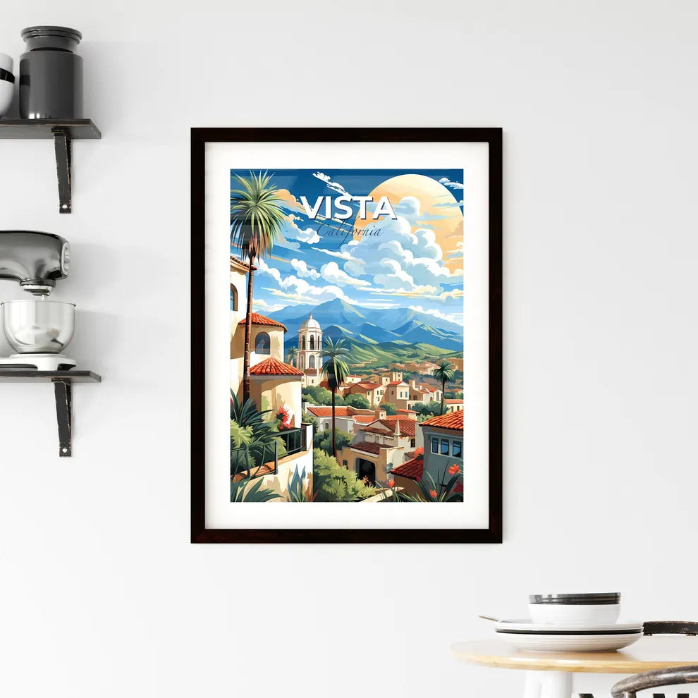Vista, California, A Poster of a painting of a town with mountains and trees Default Title
