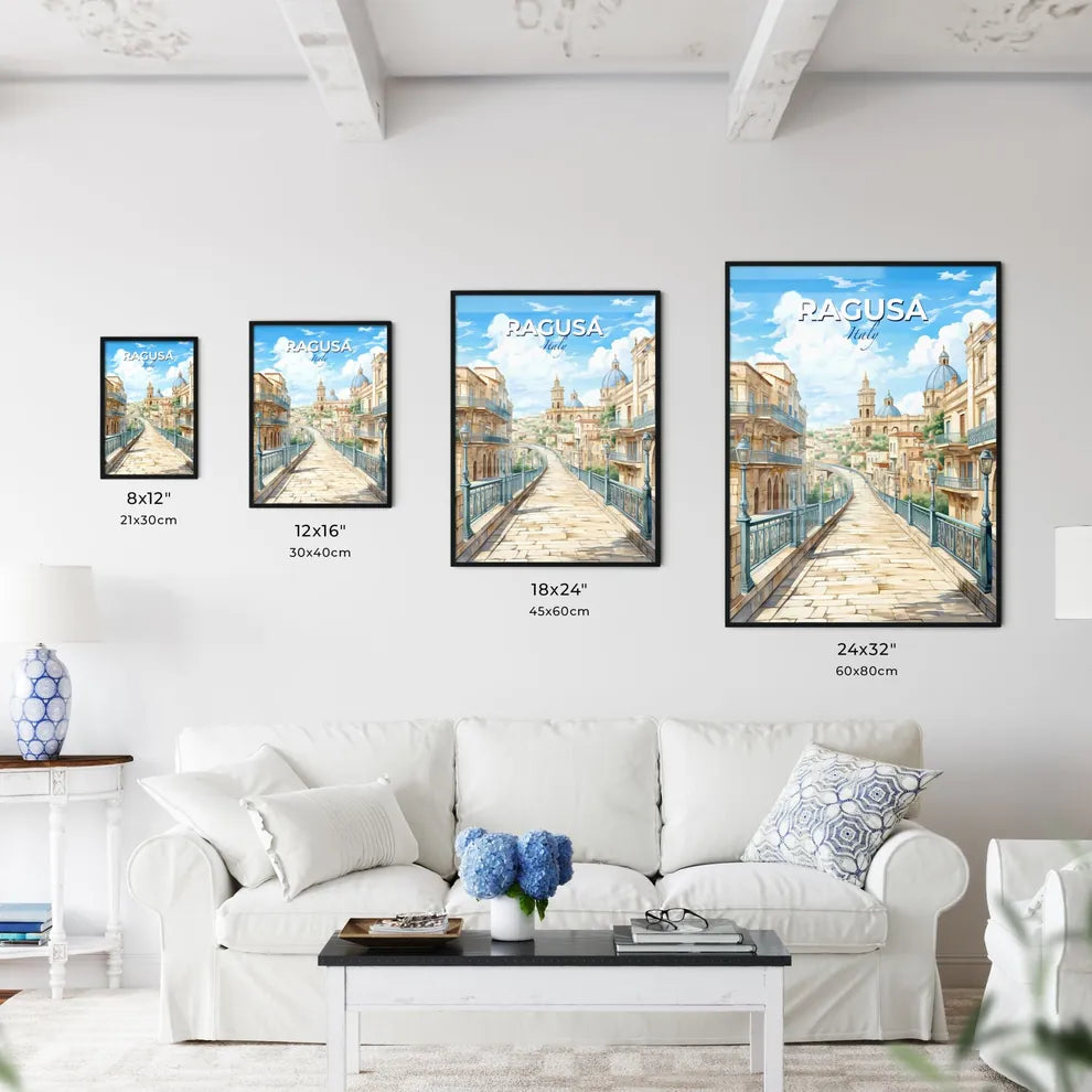 Ragusa, Italy, A Poster of a street with buildings and a bridge Default Title