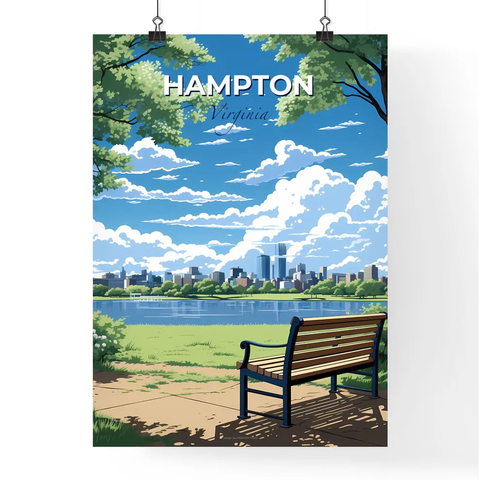 Hampton, Virginia, A Poster of a bench in a park with a lake and a city in the background Default Title