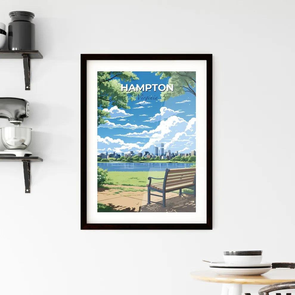 Hampton, Virginia, A Poster of a bench in a park with a lake and a city in the background Default Title