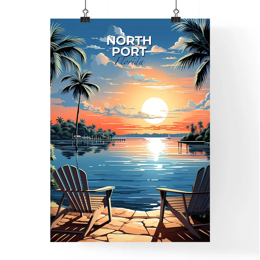 North Port, Florida, A Poster of a sunset over a body of water with chairs and trees Default Title