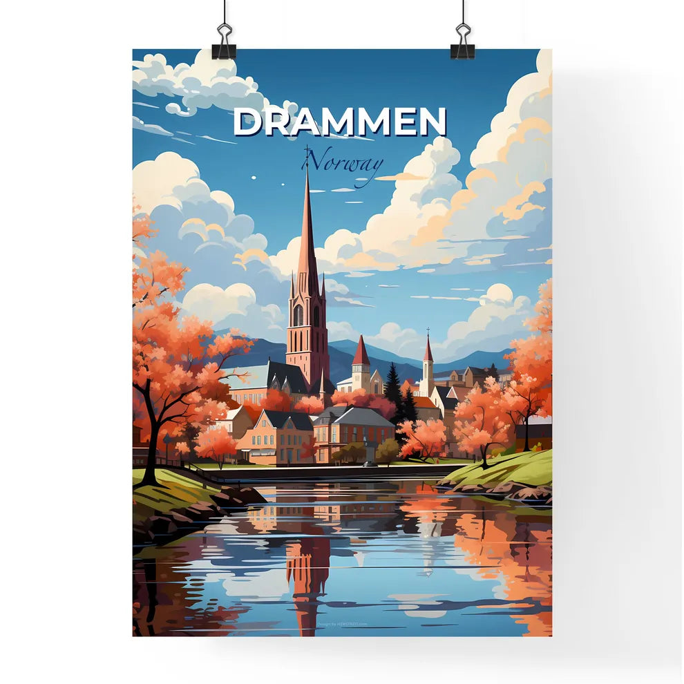 Drammen, Norway, A Poster of a painting of a town with a church and a river Default Title