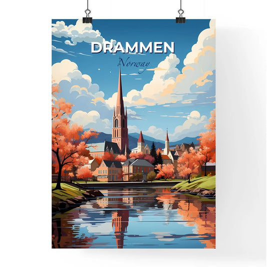 Drammen, Norway, A Poster of a painting of a town with a church and a river Default Title